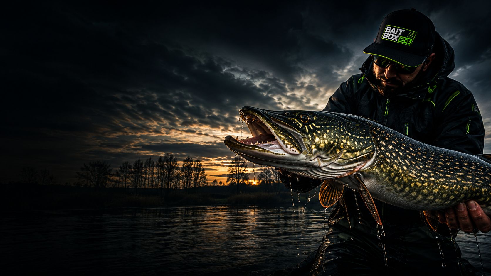 Angler hält einen großen Hecht bei Sonnenuntergang am Wasser – BAITBOX24 Kappe und Ausrüstung im Bild