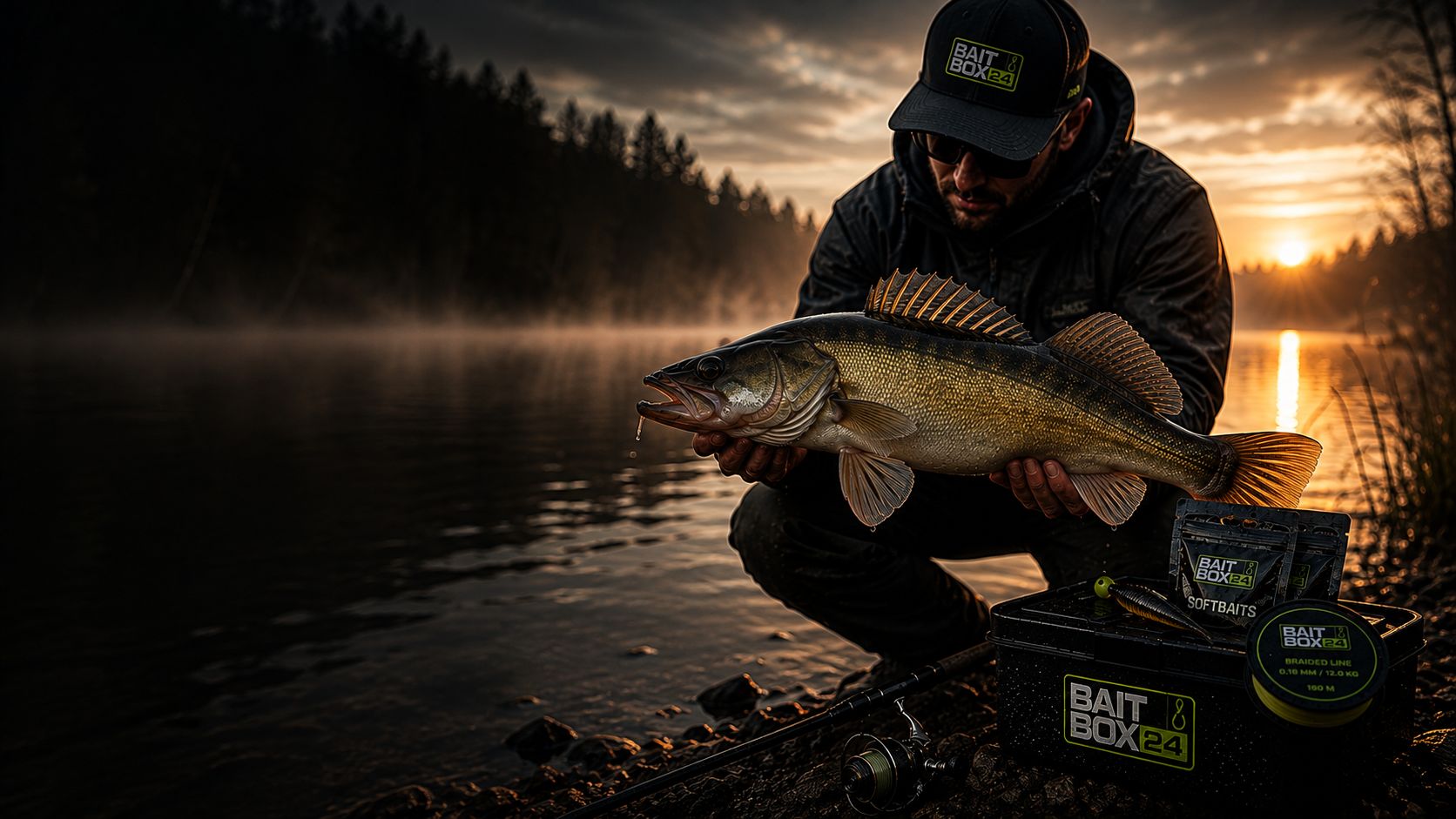 Angler hält einen Zander in der Abenddämmerung am Wasser – BAITBOX24